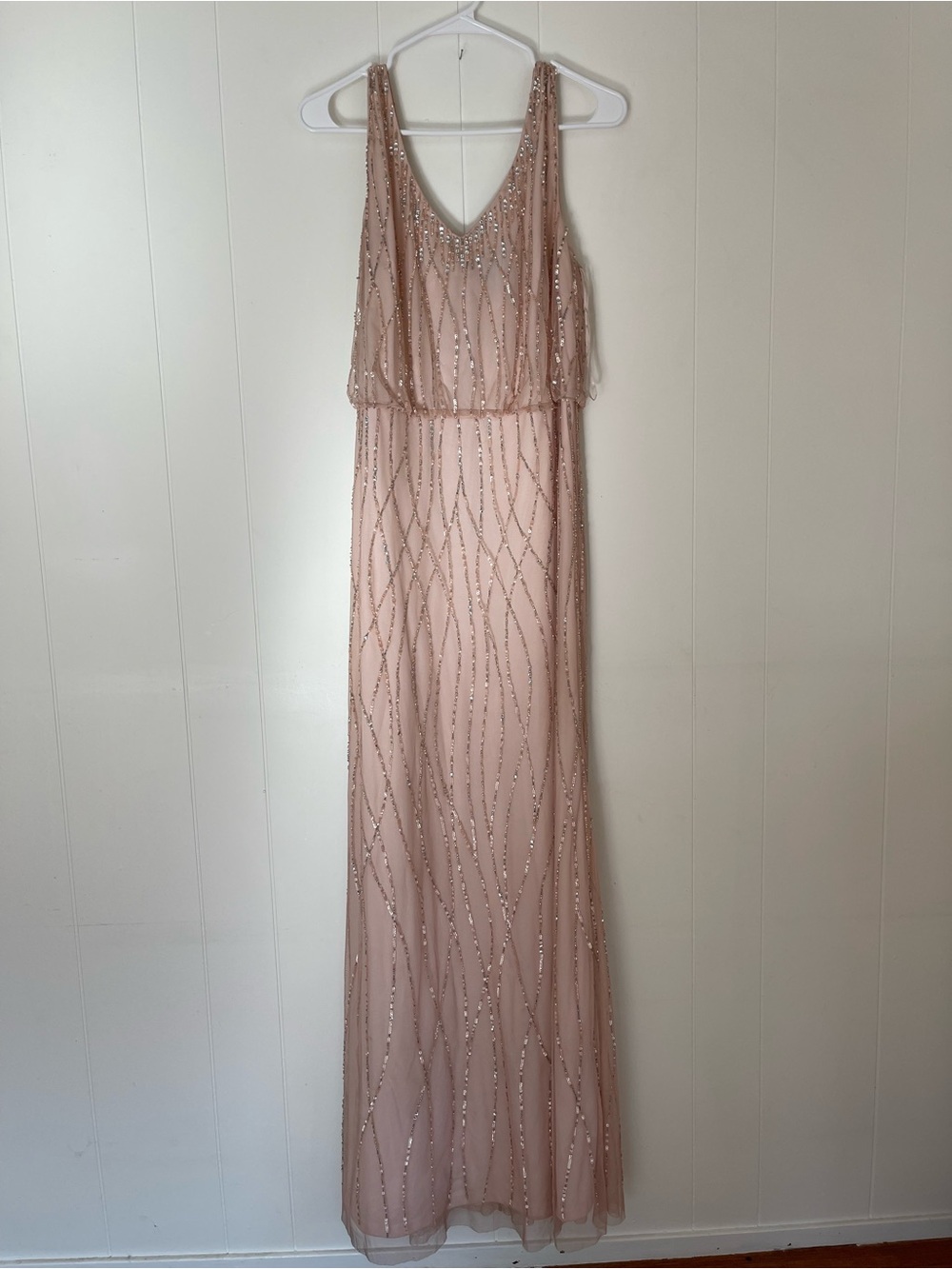 Adrianna Papell Beaded Blouson Formal Gown Blush Rose Gold - Size 16 (Fits 14)